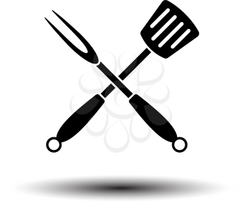 Crossed Frying Spatula And Fork Icon. Black on White Background With Shadow. Vector Illustration.