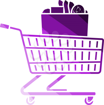 Shopping Cart With Bag Of Food Icon. Flat Color Ladder Design. Vector Illustration.
