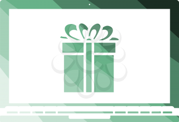 Laptop With Gift Box On Screen Icon. Flat Color Ladder Design. Vector Illustration.