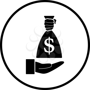 Hand Holding The Money Bag Icon. Thin Circle Stencil Design. Vector Illustration.