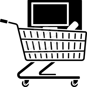 Shopping Cart With PC Icon. Black Stencil Design. Vector Illustration.