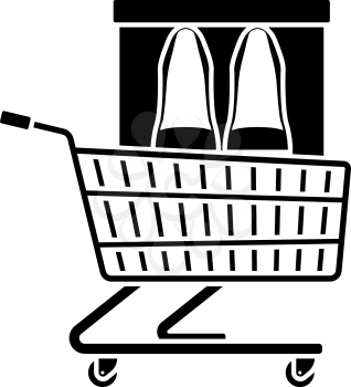 Shopping Cart With Shoes In Box Icon. Black Stencil Design. Vector Illustration.