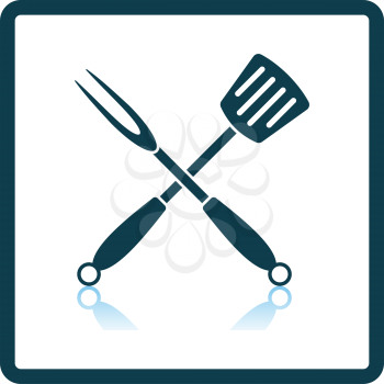 Crossed Frying Spatula And Fork Icon. Square Shadow Reflection Design. Vector Illustration.