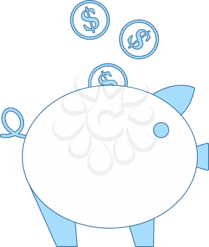 Golden Coins Fall In Piggy Bank Icon. Thin Line With Blue Fill Design. Vector Illustration.