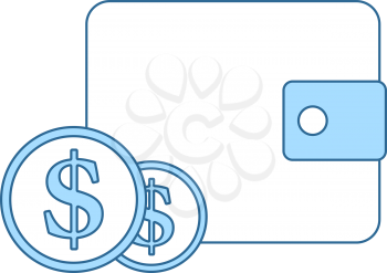 Two Golden Coins In Front Of Purse Icon. Thin Line With Blue Fill Design. Vector Illustration.