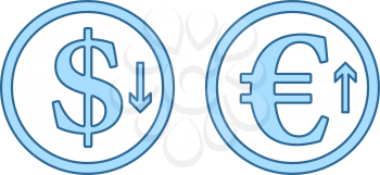 Falling Dollar And Growth Up Euro Coins Icon. Thin Line With Blue Fill Design. Vector Illustration.
