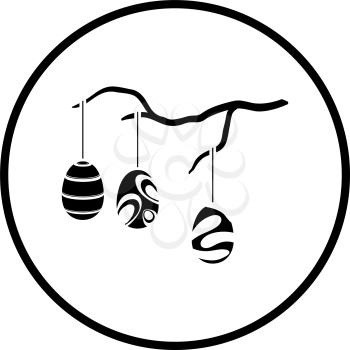 Easter Eggs Hanged On Tree Branch Icon. Thin Circle Stencil Design. Vector Illustration.