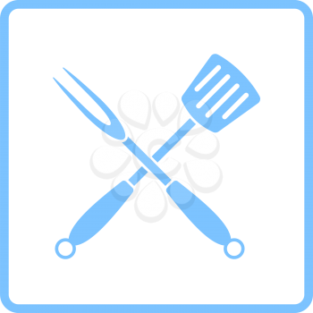 Crossed Frying Spatula And Fork Icon. Blue Frame Design. Vector Illustration.