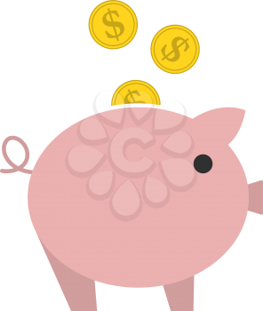 Golden Coins Fall In Piggy Bank Icon. Flat Color Design. Vector Illustration.
