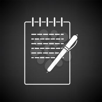 Notebook With Pen Icon. White on Black Background. Vector Illustration.