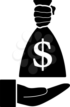 Hand Holding The Money Bag Icon. Black Stencil Design. Vector Illustration.