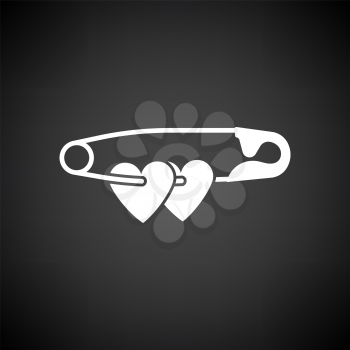 Two Valentines Heart With Pin Icon. White on Black Background. Vector Illustration.