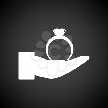 Hand Present Heart Ring Icon. White on Black Background. Vector Illustration.