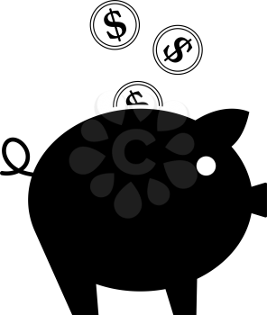 Golden Coins Fall In Piggy Bank Icon. Black Glyph Design. Vector Illustration.