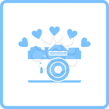 Camera With Hearts Icon. Blue Frame Design. Vector Illustration.