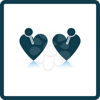 Two Valentines Heart With Pin Icon. Square Shadow Reflection Design. Vector Illustration.