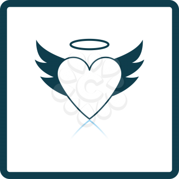 Valentine Heart With Wings And Halo Icon. Square Shadow Reflection Design. Vector Illustration.
