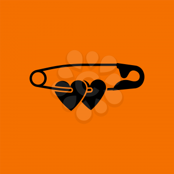 Two Valentines Heart With Pin Icon. Black on Orange Background. Vector Illustration.