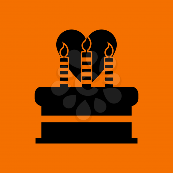 Cacke With Candles And Heart Icon. Black on Orange Background. Vector Illustration.