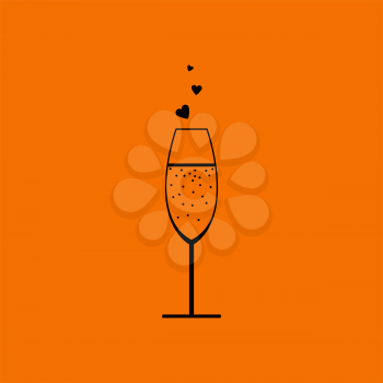 Champagne Glass With Heart Icon. Black on Orange Background. Vector Illustration.