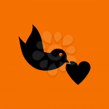 Dove With Heart Icon. Black on Orange Background. Vector Illustration.