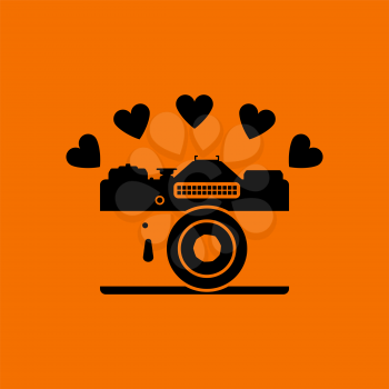 Camera With Hearts Icon. Black on Orange Background. Vector Illustration.