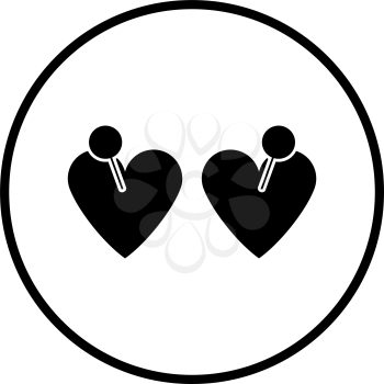 Two Valentines Heart With Pin Icon. Thin Circle Stencil Design. Vector Illustration.