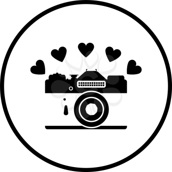 Camera With Hearts Icon. Thin Circle Stencil Design. Vector Illustration.
