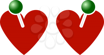 Two Valentines Heart With Pin Icon. Flat Color Design. Vector Illustration.