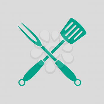 Crossed Frying Spatula And Fork Icon. Green on Gray Background. Vector Illustration.