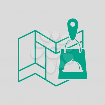 Map With Delivery Food Bag Icon. Green on Gray Background. Vector Illustration.
