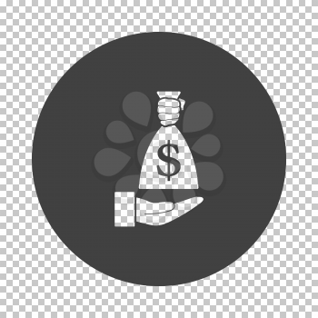 Hand Holding The Money Bag Icon. Subtract Stencil Design on Tranparency Grid. Vector Illustration.