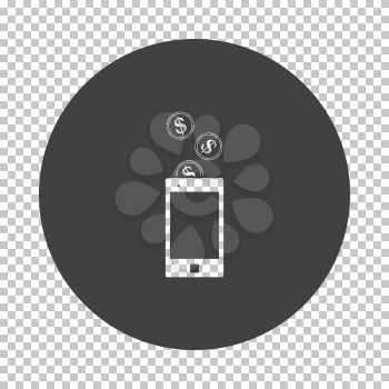 Golden Coins Fall In Smartphone Icon. Subtract Stencil Design on Tranparency Grid. Vector Illustration.