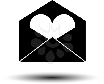 Valentine Envelop With Heart Icon. Black on White Background With Shadow. Vector Illustration.