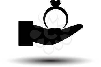 Hand Present Heart Ring Icon. Black on White Background With Shadow. Vector Illustration.