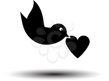 Dove With Heart Icon. Black on White Background With Shadow. Vector Illustration.