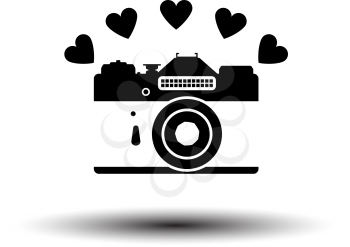 Camera With Hearts Icon. Black on White Background With Shadow. Vector Illustration.