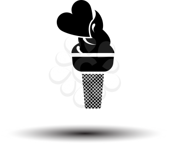 Valentine Icecream With Heart Icon. Black on White Background With Shadow. Vector Illustration.