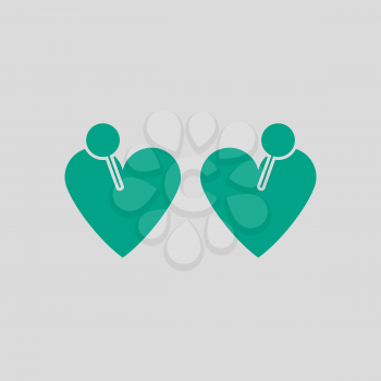 Two Valentines Heart With Pin Icon. Green on Gray Background. Vector Illustration.