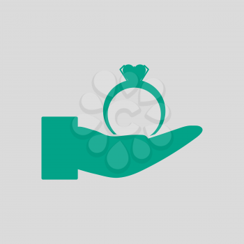 Hand Present Heart Ring Icon. Green on Gray Background. Vector Illustration.