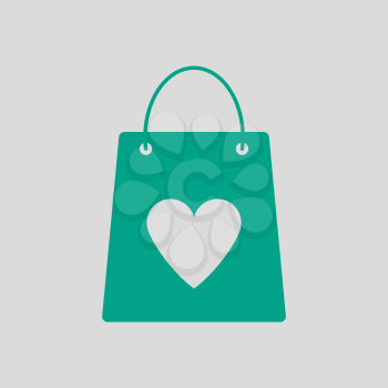 Shopping Bag With Heart Icon. Green on Gray Background. Vector Illustration.