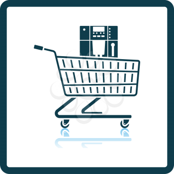Shopping Cart With Cofee Machine Icon. Square Shadow Reflection Design. Vector Illustration.