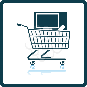 Shopping Cart With PC Icon. Square Shadow Reflection Design. Vector Illustration.
