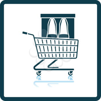 Shopping Cart With Shoes In Box Icon. Square Shadow Reflection Design. Vector Illustration.