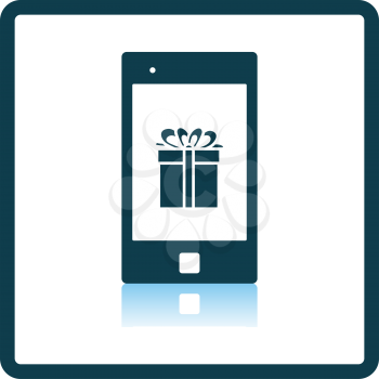 Smartphone With Gift Box On Screen Icon. Square Shadow Reflection Design. Vector Illustration.