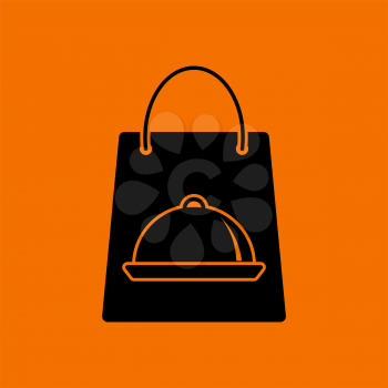 Paper Bag With Cloche Icon. Black on Orange Background. Vector Illustration.