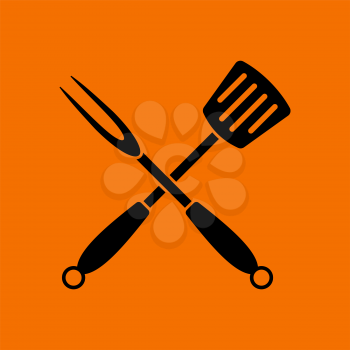 Crossed Frying Spatula And Fork Icon. Black on Orange Background. Vector Illustration.