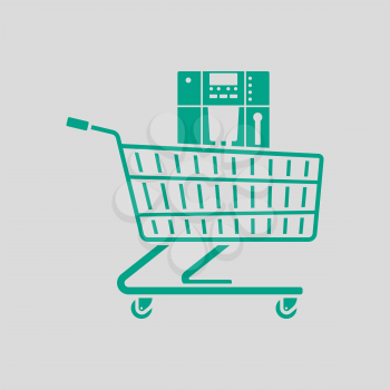 Shopping Cart With Cofee Machine Icon. Green on Gray Background. Vector Illustration.