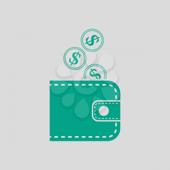 Golden Coins Fall In Purse Icon. Green on Gray Background. Vector Illustration.