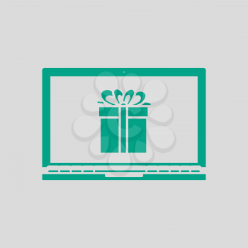 Laptop With Gift Box On Screen Icon. Green on Gray Background. Vector Illustration.